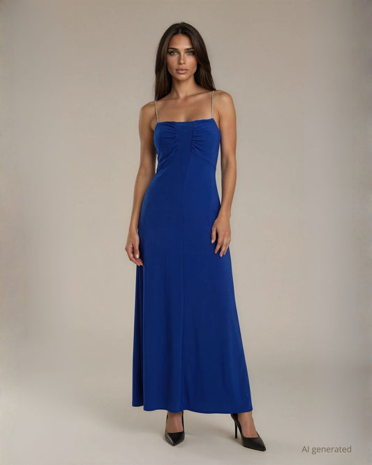 Vestito lungo royal in maglia con inserto in georgette a V sullo scollo e spalline gioiello