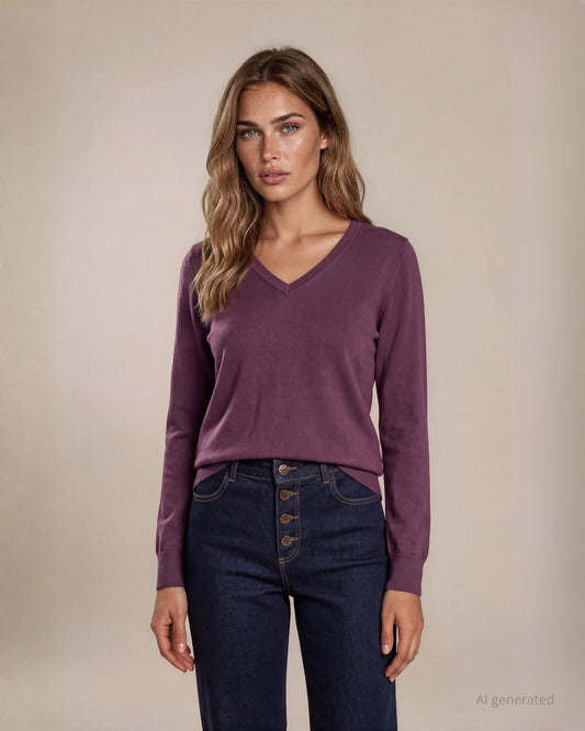 Maglia basica in viscosa con maniche lunghe e scollo a V amarone