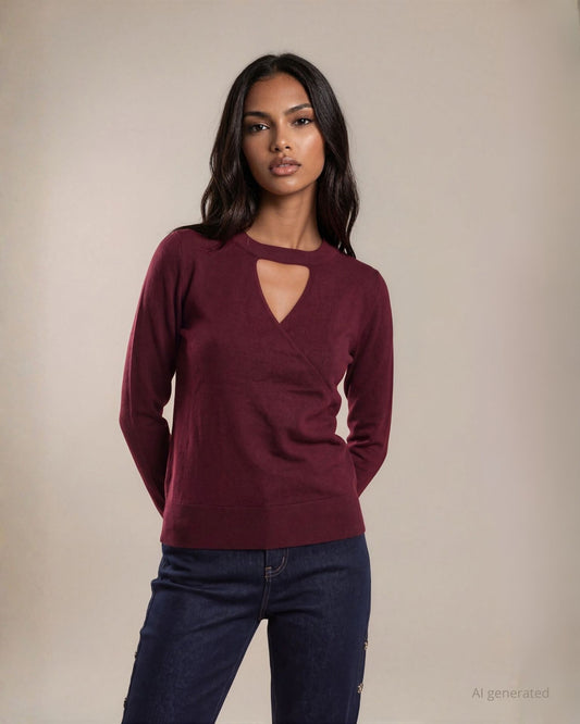 Maglia incrociata filato lurex con bordi a coste e dettaglio sullo scollo merlot