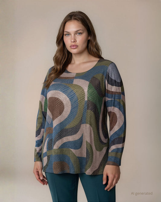 Maglia fantasia in tessuto lurex laminato con scollo rotondo curvy