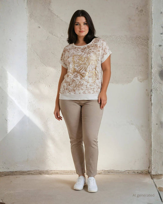 T-shirt con stampa oro e bordi curvy