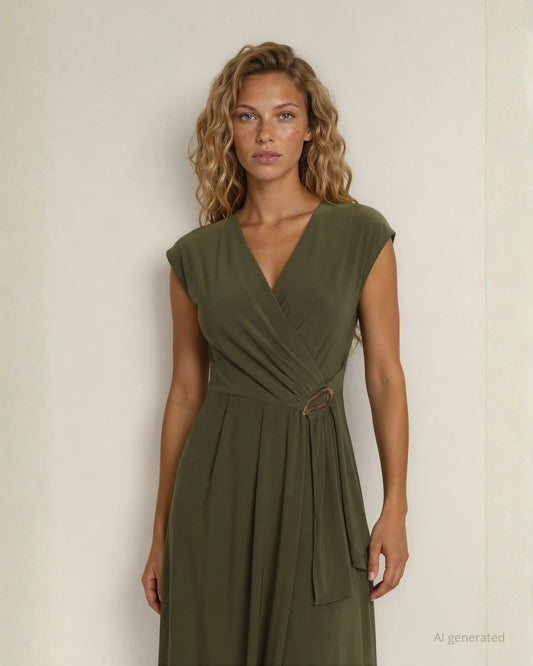 Vestito corto in jersey con incrocio sullo scollo e accessorio in vita militare