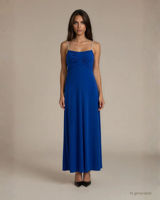 Vestito lungo royal in maglia con inserto in georgette a V sullo scollo e spalline gioiello