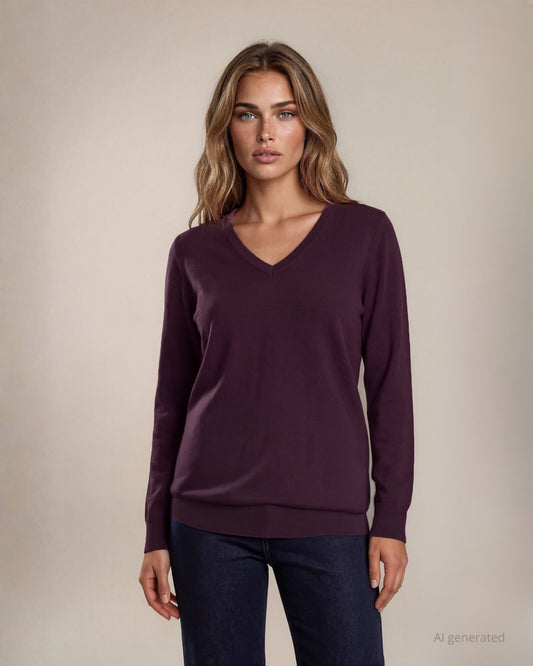 Maglia basica in viscosa con maniche lunghe e scollo a V amarone