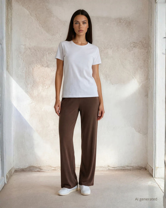 Pantalone palazzo in jersey cacao con elastico in vita