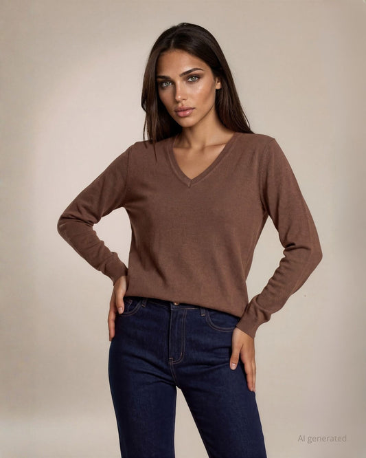 Maglia basica in misto viscosa con maniche lunghe e scollo a V tabacco