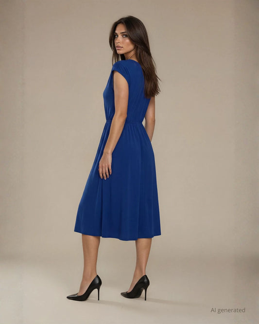 Vestito corto in jersey con incrocio sullo scollo e accessorio in vita blu