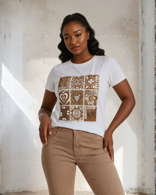 T-shirt in cotone con stampa e ricami di perle e pietre