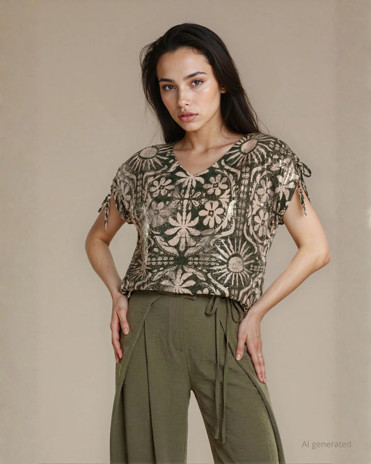 Casacca fantasia color militare con lamina sul fronte e lacci sulle spalle