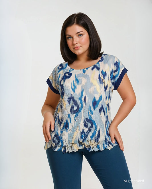Casacca fantasia navy con bordi in tessuto unito curvy