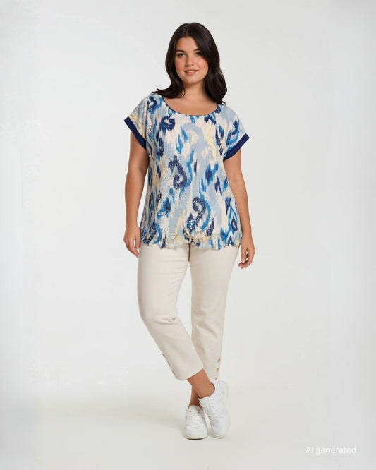 Casacca fantasia navy con bordi in tessuto unito curvy