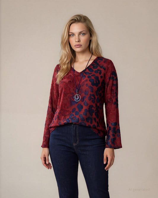 Casacca in jersey devorato fantasia con polsi svasati e collana inclusa curvy