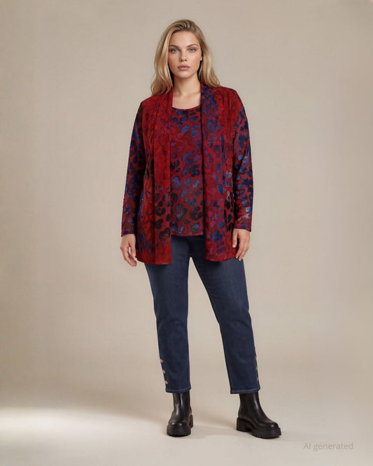 Finto bolero in jersey fantasia devorato con scollo a scialle curvy
