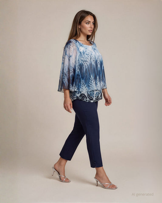 Pantalone in bistretch blu con spacchetto sul fondo e bottoni ricoperti