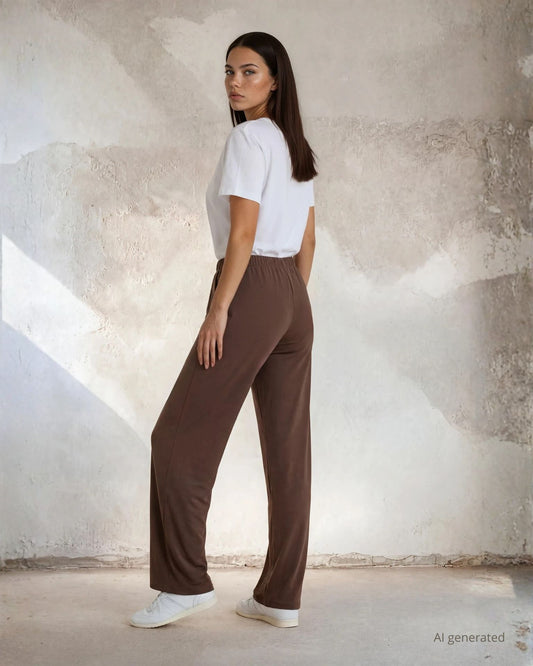 Pantalone palazzo in jersey cacao con elastico in vita