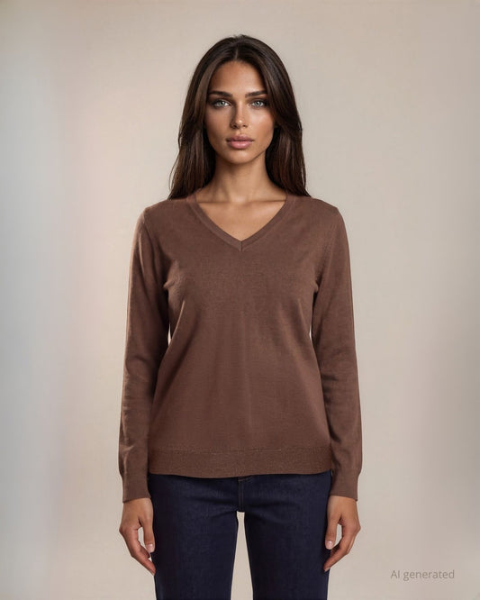Maglia basica in misto viscosa con maniche lunghe e scollo a V tabacco