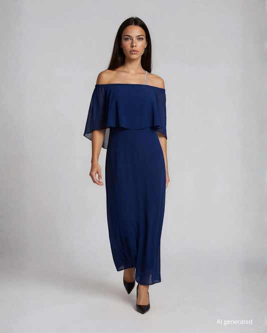 Vestito lungo in maglia con mantellina in georgette navy e doppia spallina gioiello