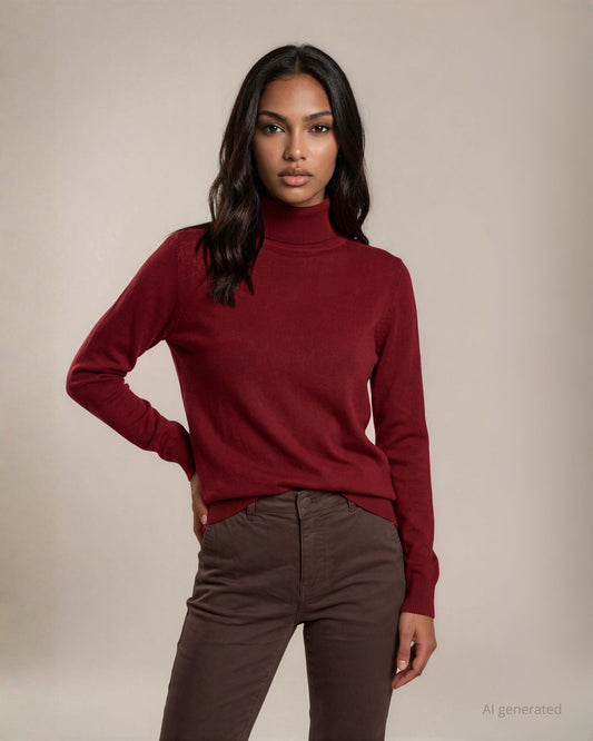 Maglia basica in viscosa con maniche lunghe e collo alto rosso