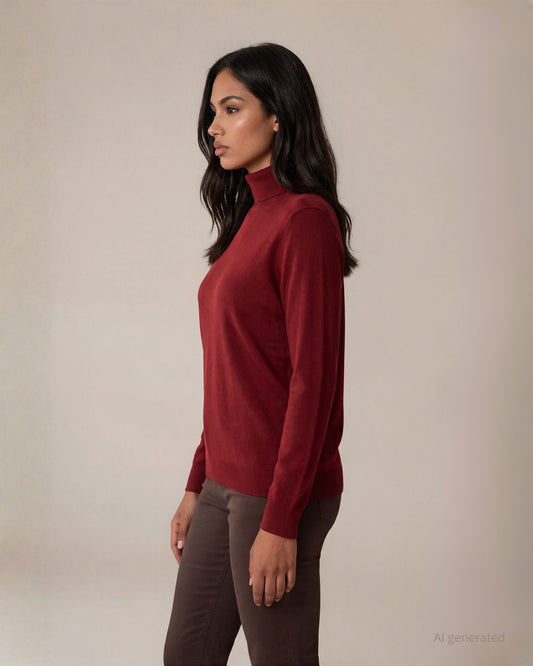 Maglia basica in viscosa con maniche lunghe e collo alto rosso