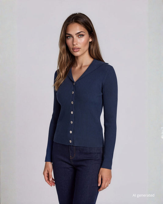 Cardigan a coste con colletto e bottoni blu