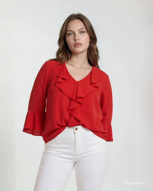 Camicia con volants sullo scollo rosso curvy