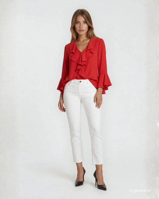 Camicia con volants sullo scollo rosso