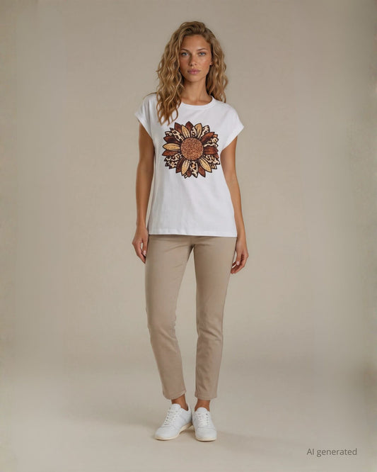 T-shirt in cotone con maniche a kimono e stampa maculata con strass