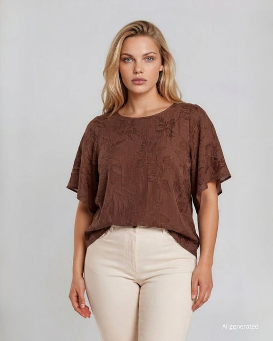 Casacca in jacquard viscosa motivo floreale con maniche ad ala cioccolato curvy