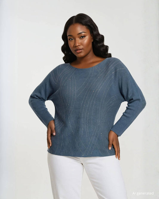 Maglia con strass e fondo stondato denim curvy