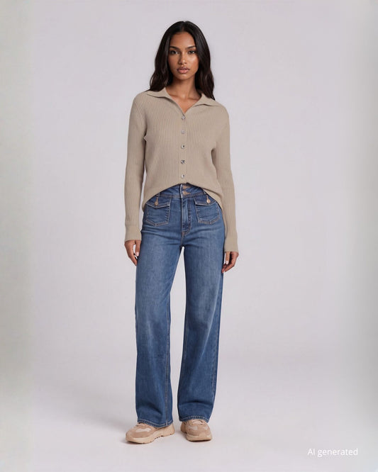 Cardigan a coste con colletto e bottoni cacha