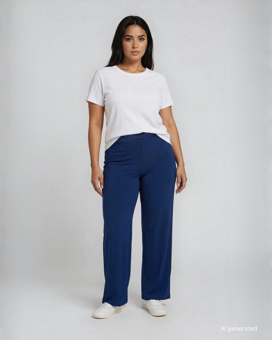 Pantalone in jersey largo a palazzo con elastico e dettaglio in vita blu curvy