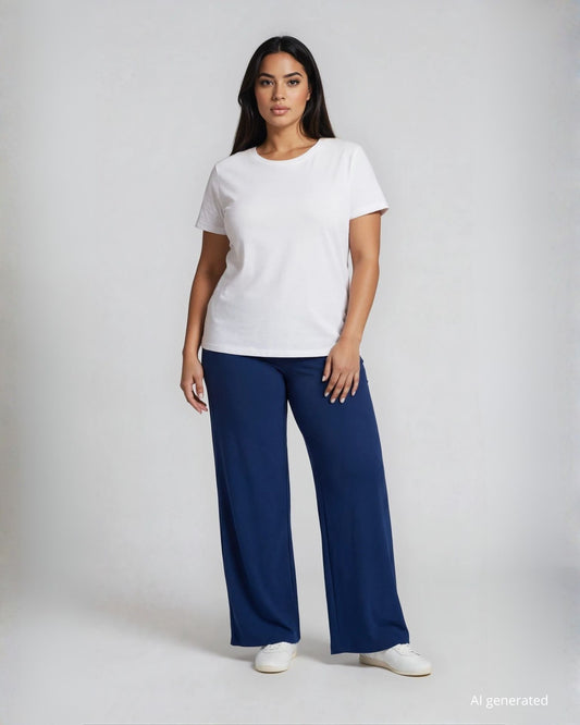 Pantalone in jersey largo a palazzo con elastico e dettaglio in vita blu curvy