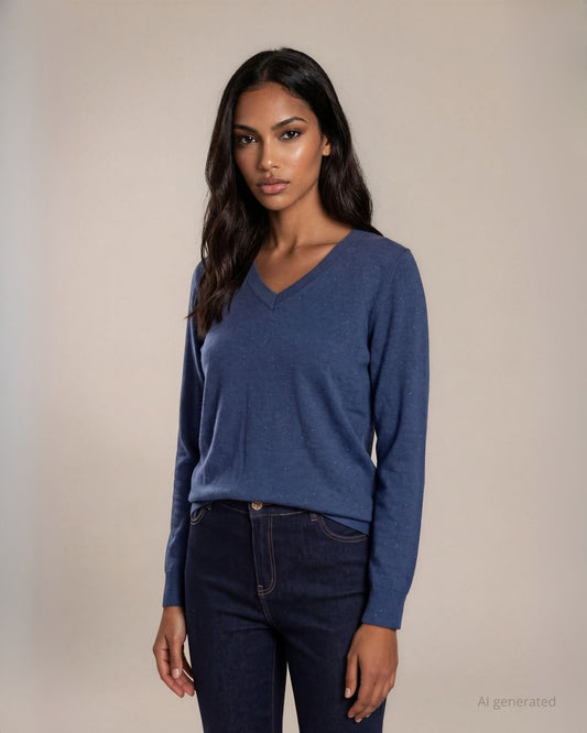 Maglia basica in filato lurex con maniche lunghe e scollo a V denim
