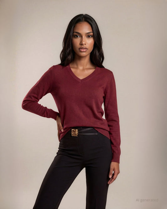 Maglia basica in filato lurex con maniche lunghe e scollo a V merlot
