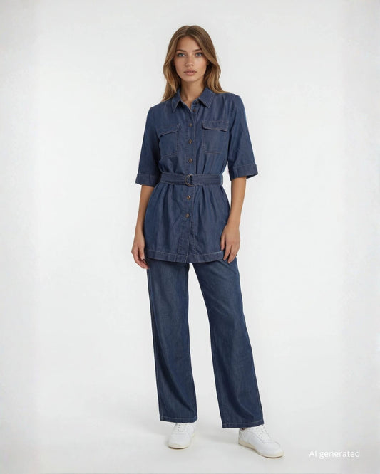 Camicia lunga in chambray con tasche e cintura