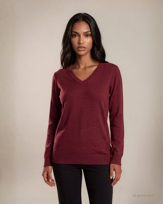 Maglia basica in filato lurex con maniche lunghe e scollo a V merlot