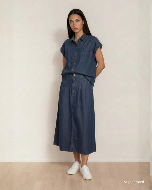 Gonna lunga in chambray con zip e passanti