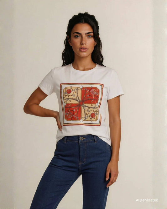 T-shirt in cotone con stampa e strass