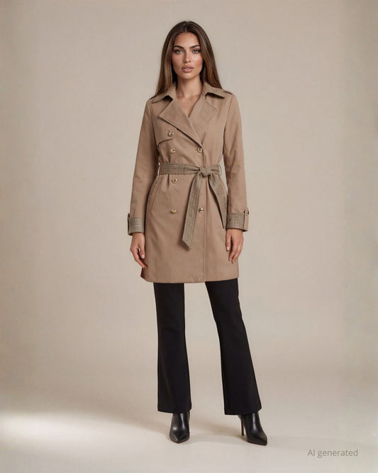 Trench impermeabile con inserti e cintura in tessuto bouclè