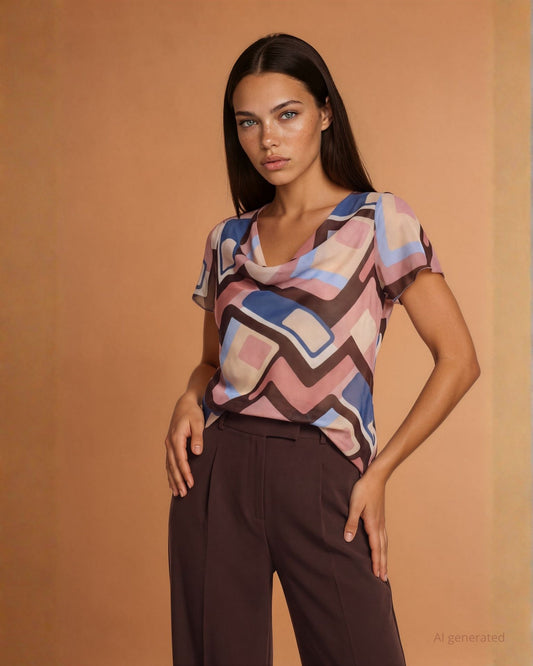 Top sbieco in georgette fantasia con collo a cappuccio e maniche ad aletta
