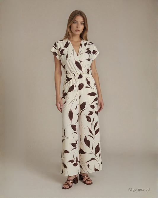 Tuta lunga in cady fantasia con elastico in vita e pantaloni palazzo