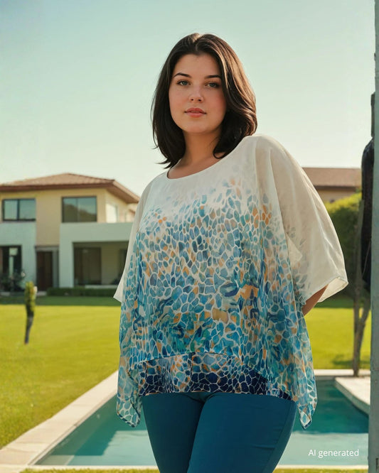 Poncho in georgette fantasia navy con spallina gioiello e parte di paillettes sul fondo curvy