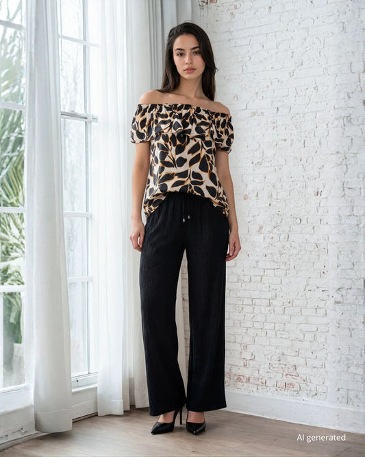 Pantalone largo in viscosa effetto plissè con elastico e coulisse in vita