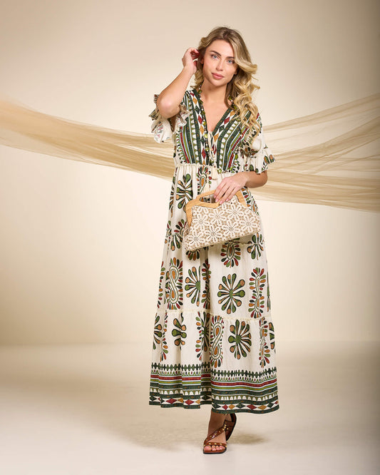 Vestito lungo in viscosa fantasia con abbassamento e gonna a balze