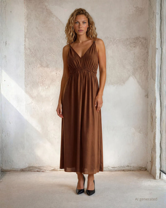 Vestito lungo color cioccolato con elastico in vita e dettaglio di perle sulle spalline