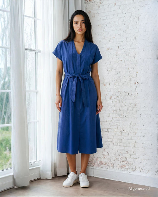 Vestito midi in cotone a kimono blu con pieghe e cinturino in vita