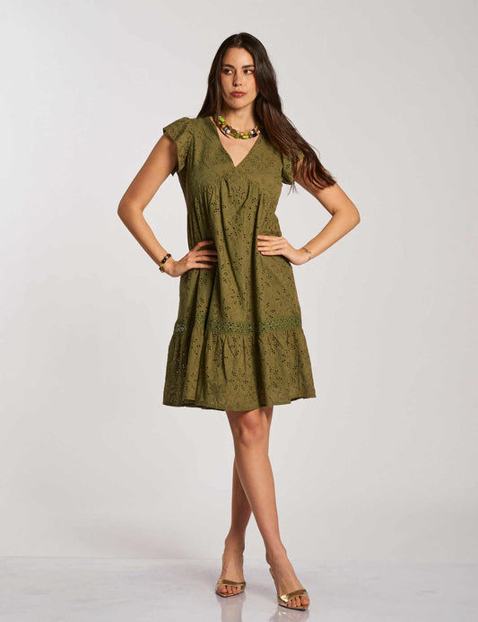 Vestito corto in pizzo sangallo militare con balze