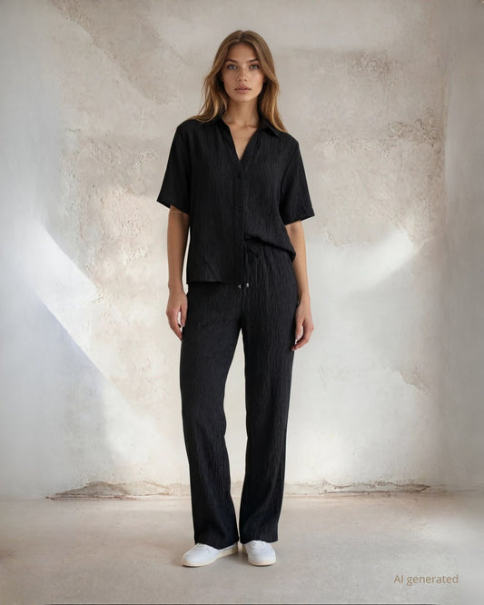 Camicia oversize in viscosa effetto plissè con maniche ampie e colletto