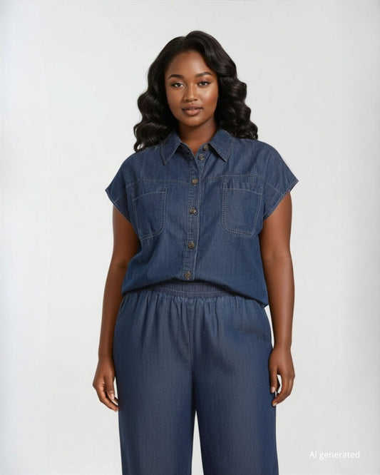 Casacca a kimono in chambray con tasche e colletto curvy