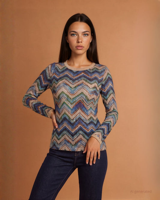 Maglia fantasia in tessuto lurex laminato stampato con bordi in unito